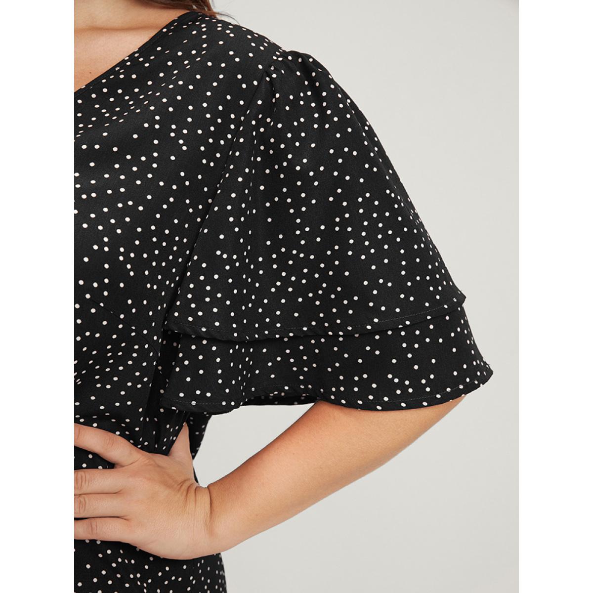 Plus Size Black Polka Dot Ruffle Sleeve Button Front Blouse Women Elegant Short sleeve V-neck Dailywear Blouses BloomChic 10/M Product Image