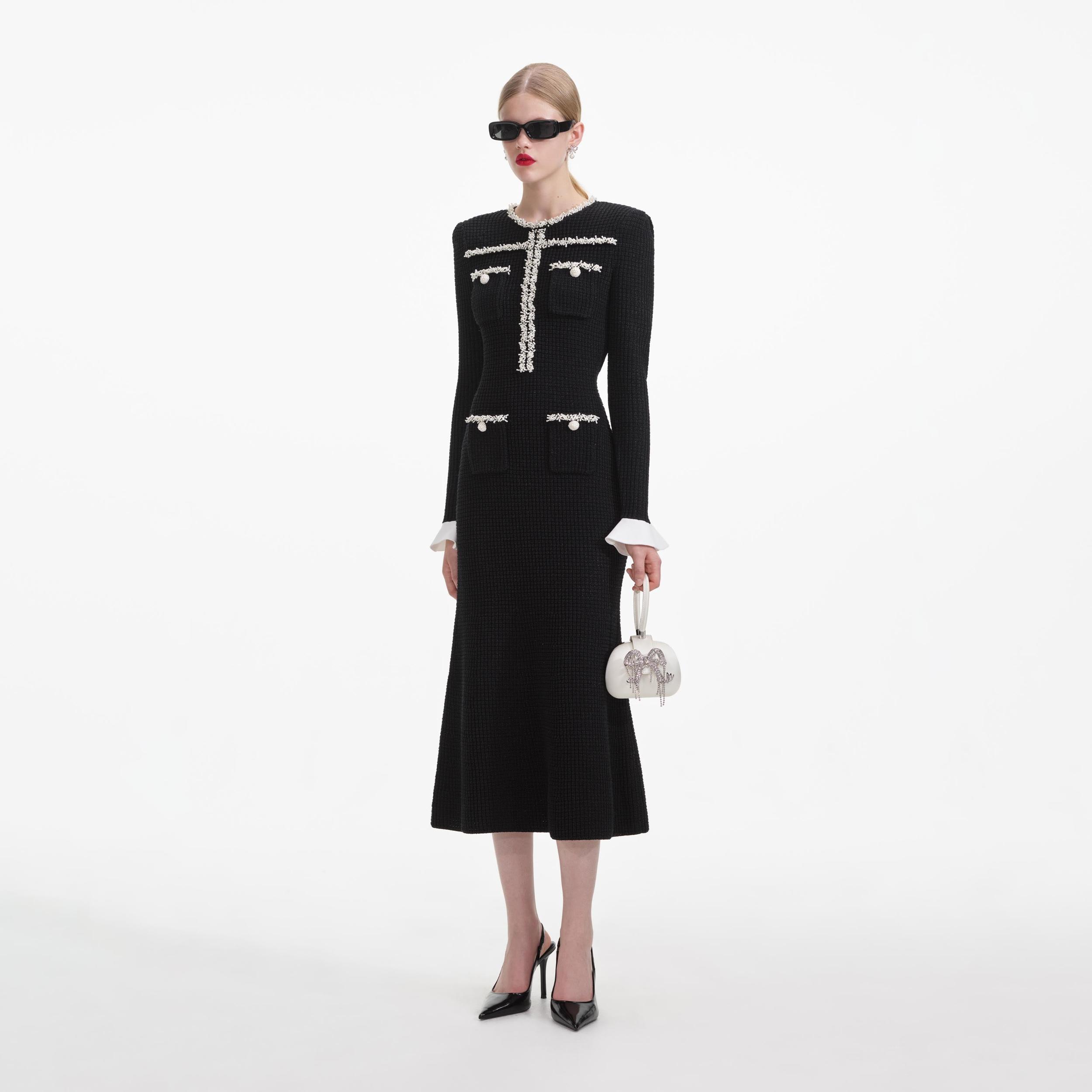 Black Pearl Trim Knit Midi Dress Product Image