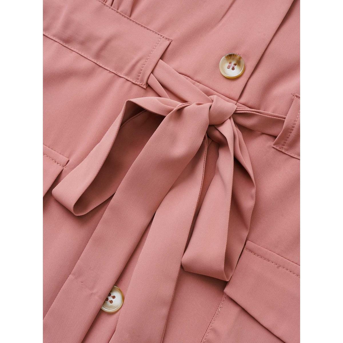 Plus Size Solid Patched Pocket Ties Gathered Dress Crepe Women At the Office Non Suit Collar Half Sleeve Curvy Midi Dress BloomChic 30/6X Product Image