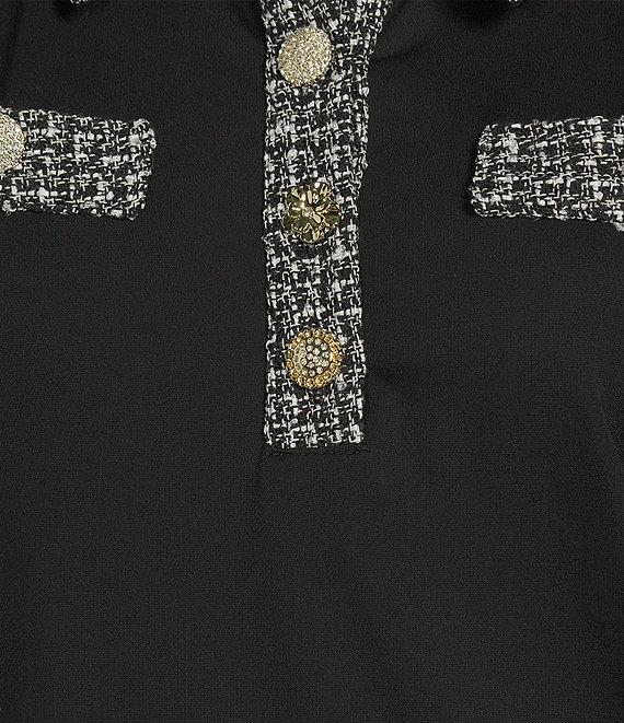 KARL LAGERFELD PARIS Knit Jersey Point Collar Short Sleeve Tweed Trim A-Line Dress Product Image