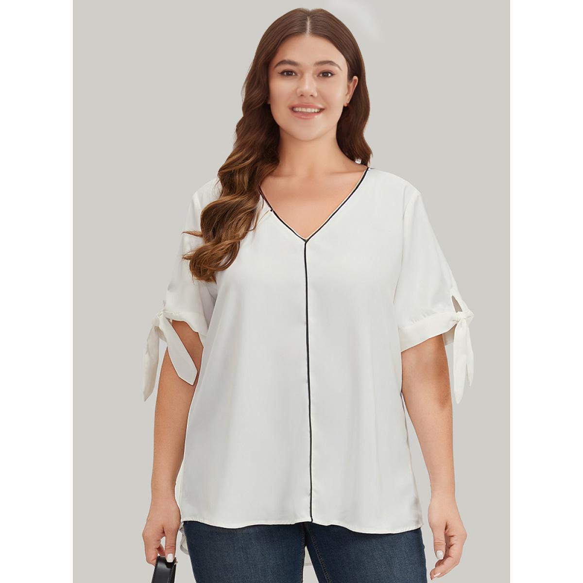 Plus Size Ivory Contrast Trim Knot High Low Hem Blouse Women Office Short sleeve V-neck Office Blouses BloomChic 10/M Product Image