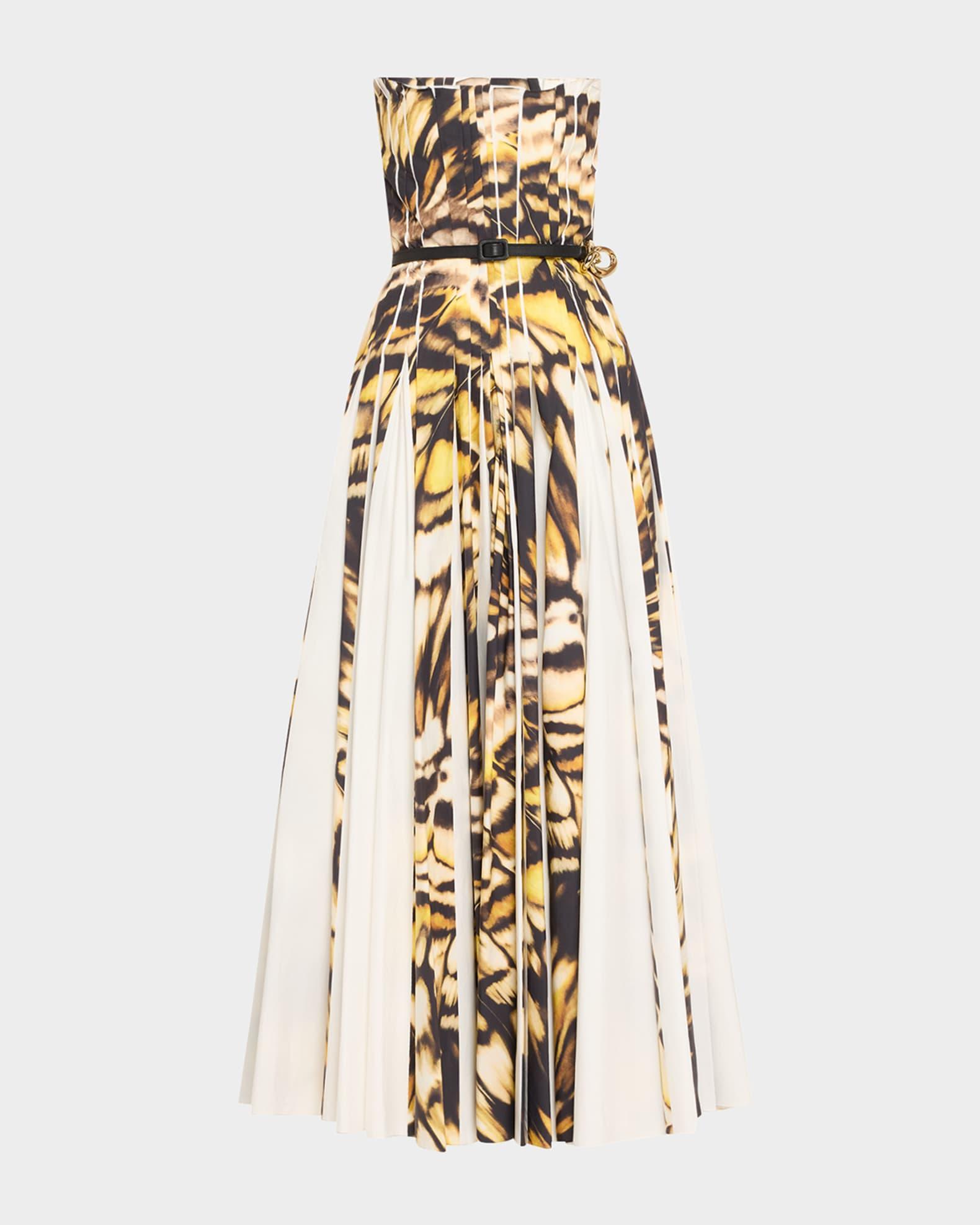 Strapless Pleated Butterfly Poplin Ankle Dress With Belt Product Image