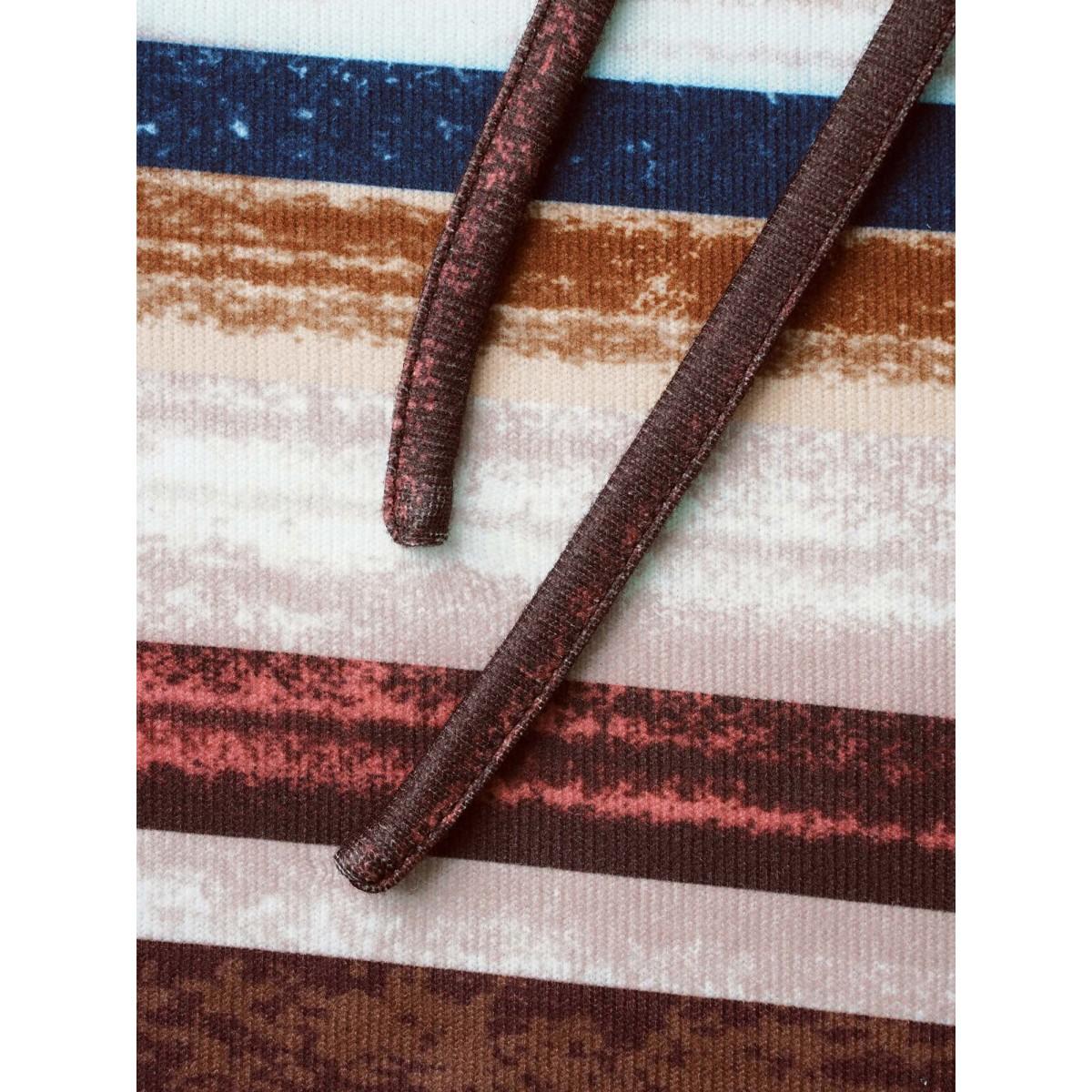 Plus Size Striped Patched Pocket Drawstring Sweatshirt Women Multicolor Casual Drawstring Loose Ruffled collar Everyday Sweatshirts BloomChic 10/M Product Image