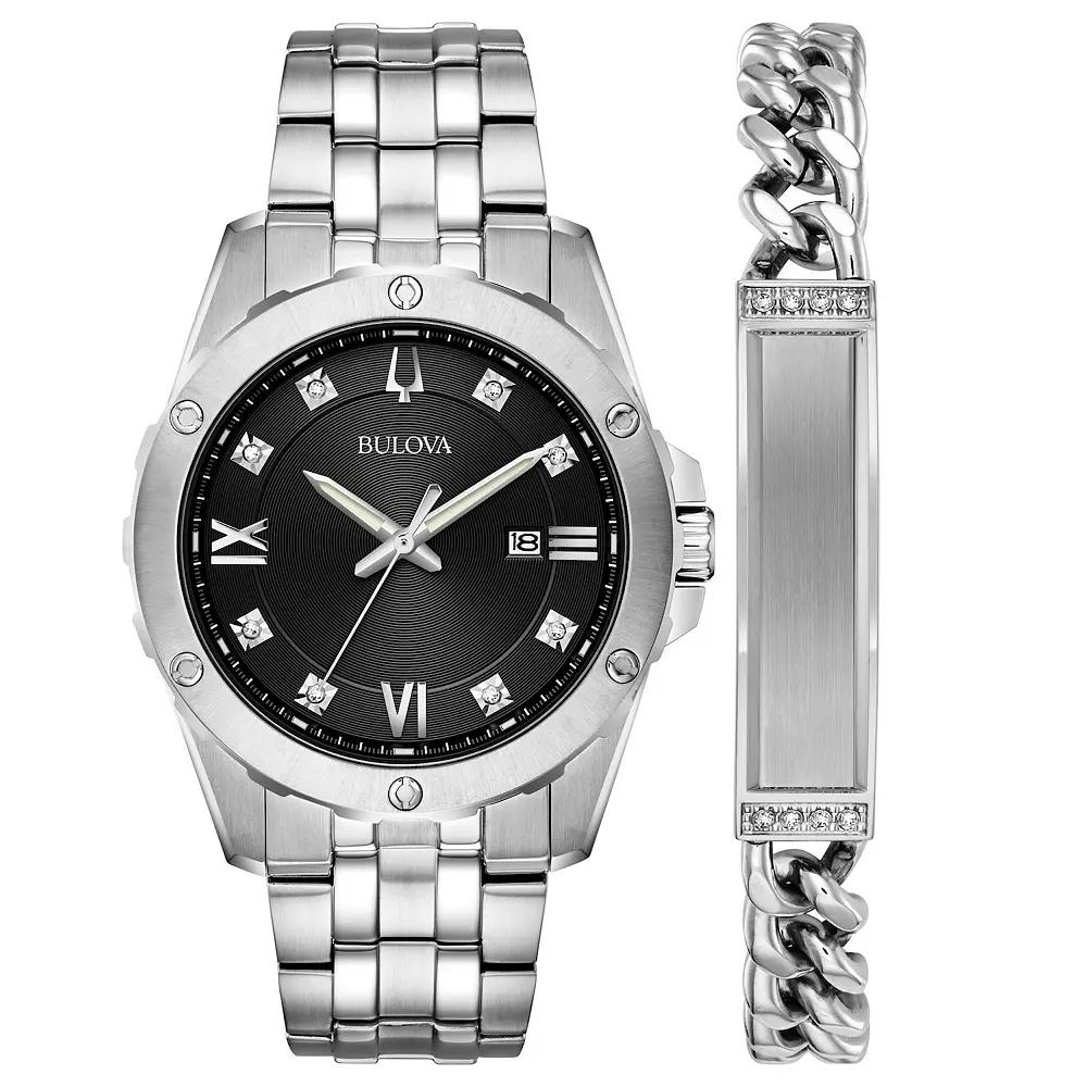 Mens Bulova Stainless Diamond Accent Watch and ID Bracelet Box Set Silver Product Image