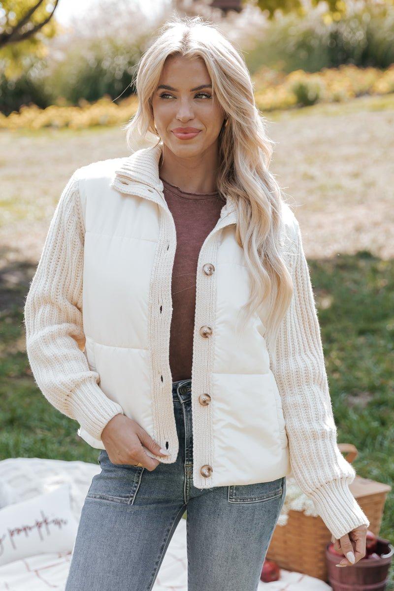 Cream Button Down Hybrid Sweater Jacket Product Image