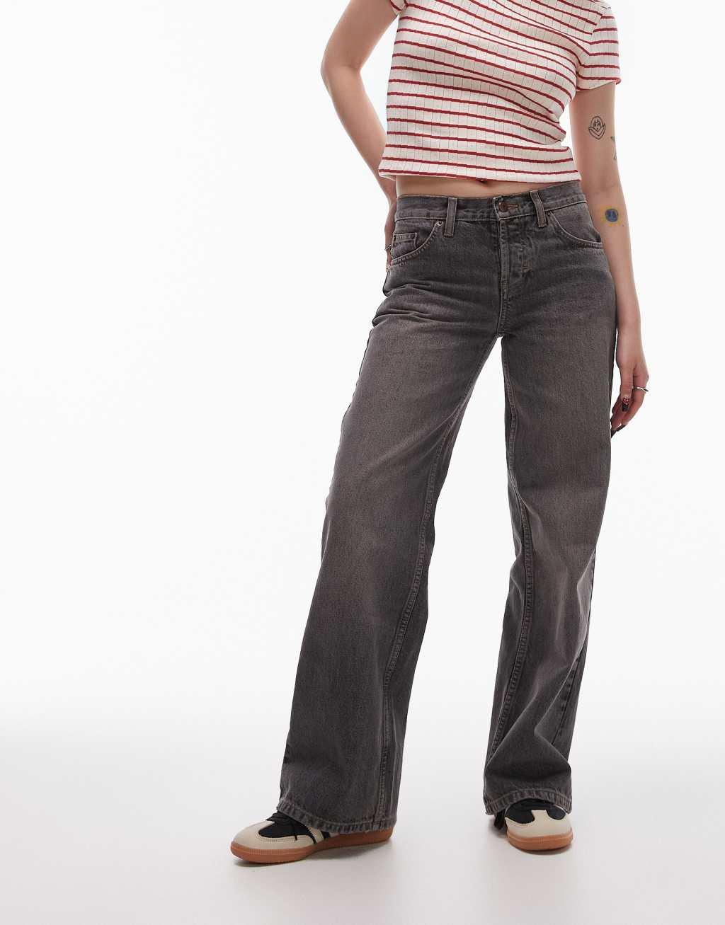 Topshop Petite Ember low rise wide leg jeans in dark vintage gray Product Image