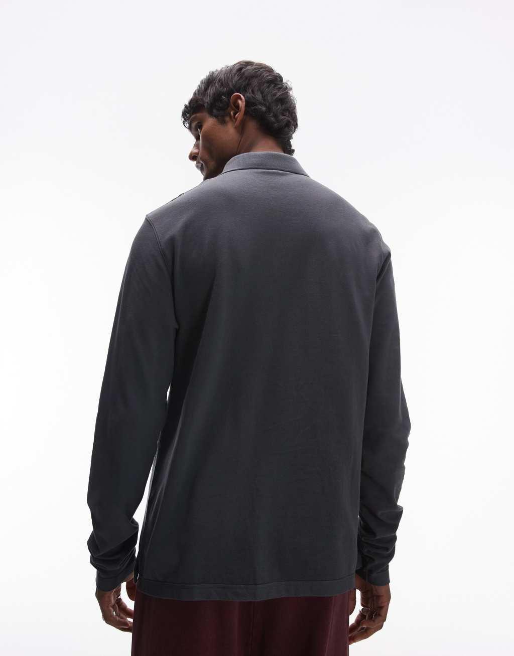 AllSaints Reform long sleeve polo shirt in dusty blue Product Image