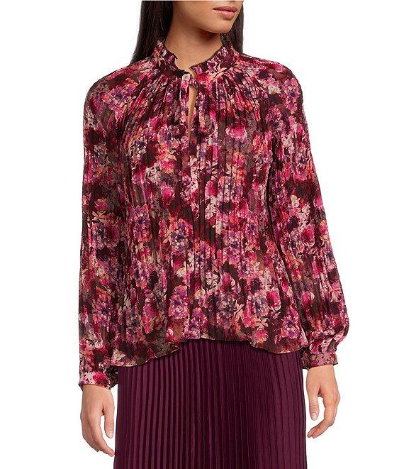 Lucy Paris Feminine Floral Print Split V-Neck Long Sleeve Front Tie Top Product Image