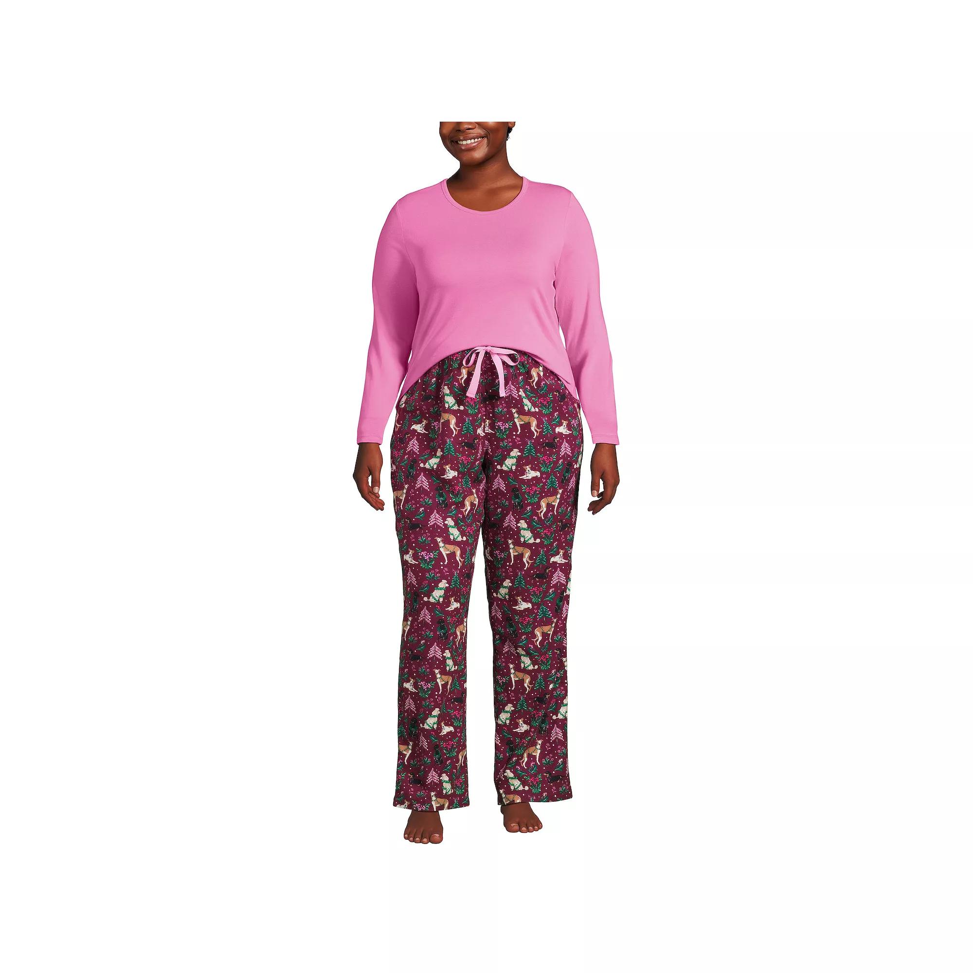Plus Size Lands' End Knit Long Sleeve Pajama Top & Flannel Pajama Pants Sleep Set, Women's, Size: 2XL, Red Hounds Product Image