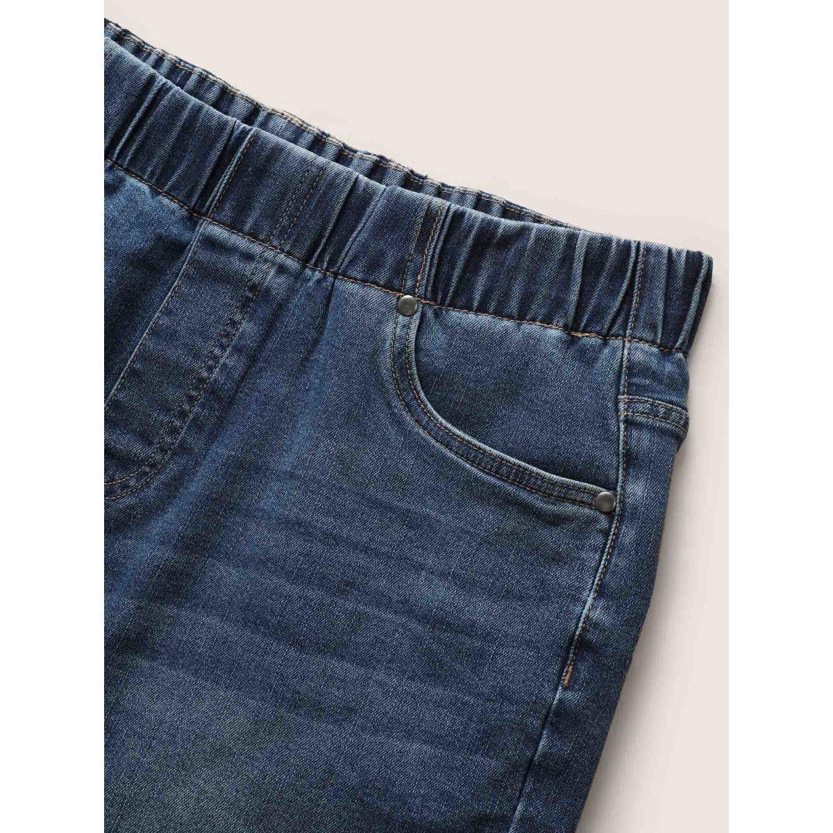 Plus Size Dark Wash Elastic Waist Roll Hem Denim Shorts Women DarkBlue Roll Hem Medium stretch Everyday Slanted pocket Casual Denim Shorts BloomChic 12/L Product Image