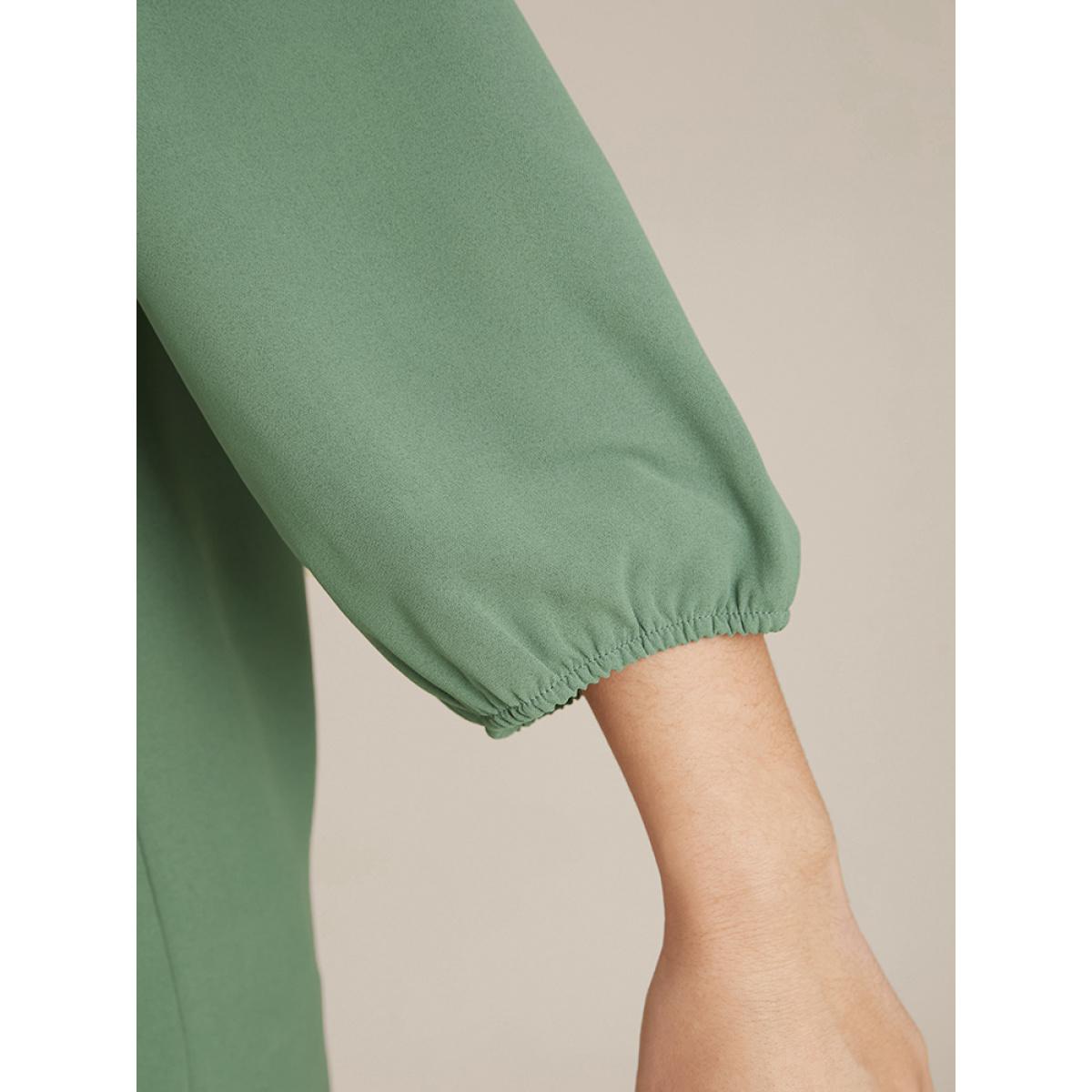 Plus Size Emerald Solid Lantern Sleeve Lace Trim V Neck Blouse Women Elegant Elbow-length sleeve V-neck Dailywear Blouses BloomChic 12/L Product Image