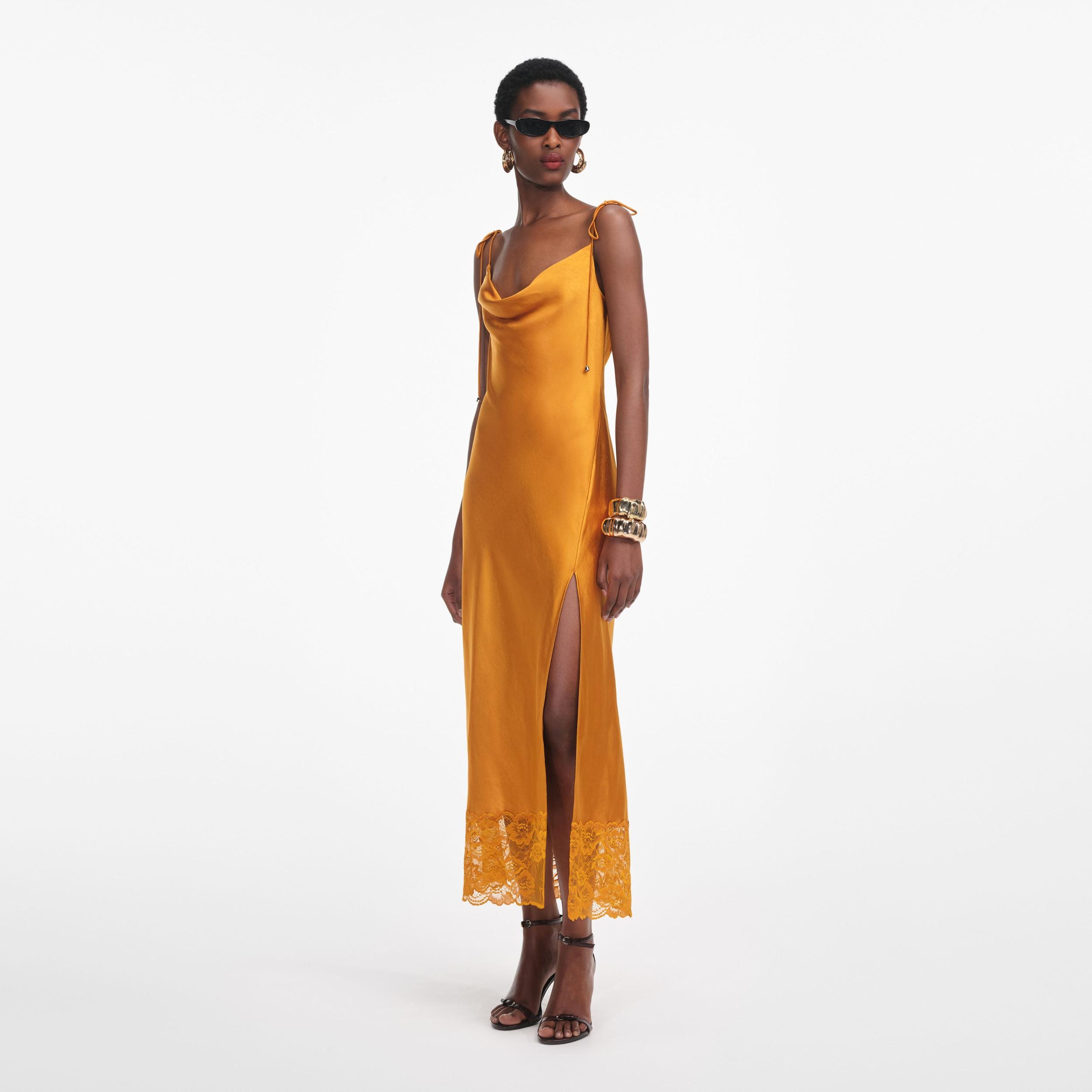 Burnt Orange Satin Midi Dress Product Image