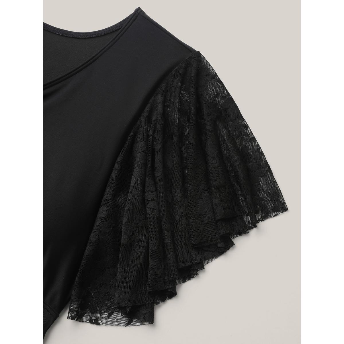 Plus Size Knotted Lace Sheer Sleeve Swim Top Women's Swimwear Black Resort Tie knot High stretch Bodycon V-neck Curve Swim Tops BloomChic 22-24/3X Product Image