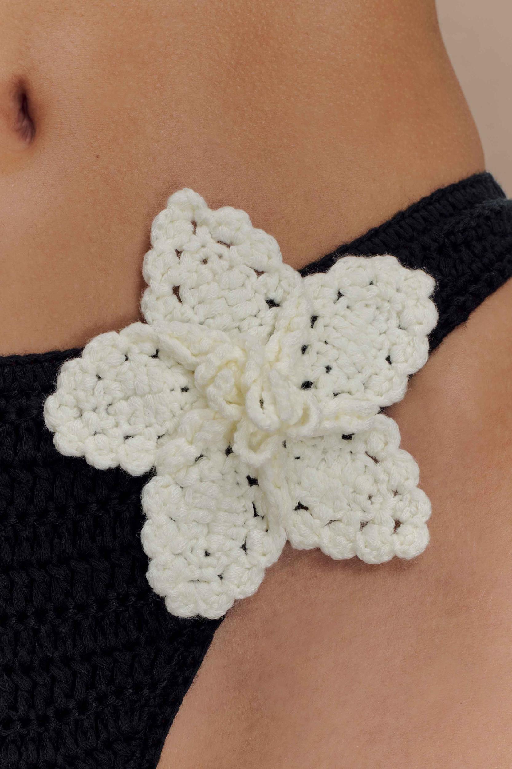 Skye Floral Crochet Tie Up Bikini Bottom - Black And White Product Image