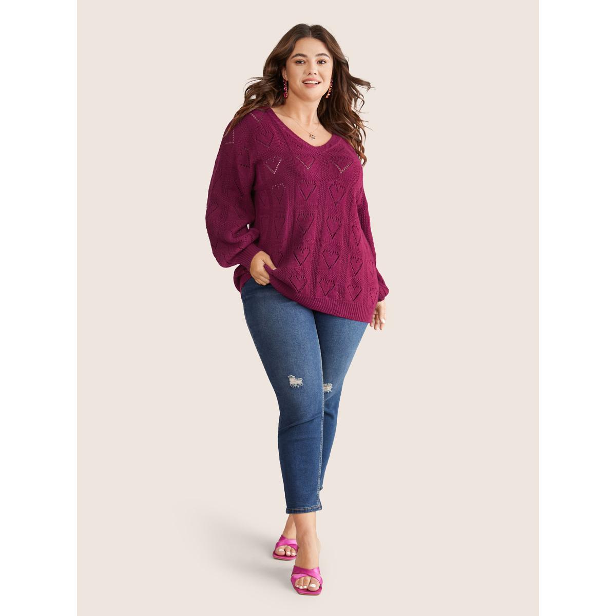 Plus Size Solid Heart Pointelle Lantern Sleeve Pullover Burgundy Women Elegant Long Sleeve V-neck Everyday Pullovers BloomChic 14-16/1X Product Image