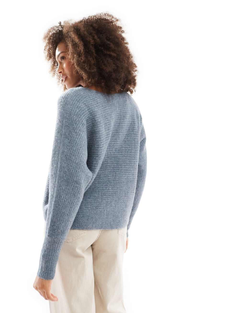 ONLY ribbed wide neck knitted sweater in light blue  Product Image