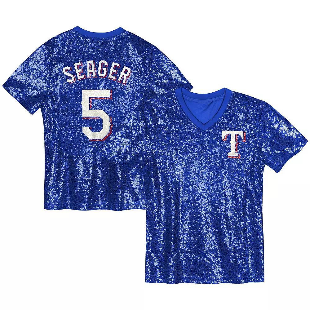 Juniors Corey Seager Royal Texas Rangers Name & Number Sequin V-Neck Top, Women's, Size: XL, Blue Product Image