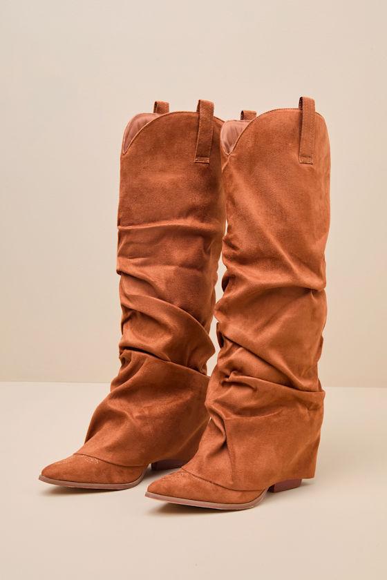 Lonzah Tan Suede Slouchy Knee-High Western Boots Product Image