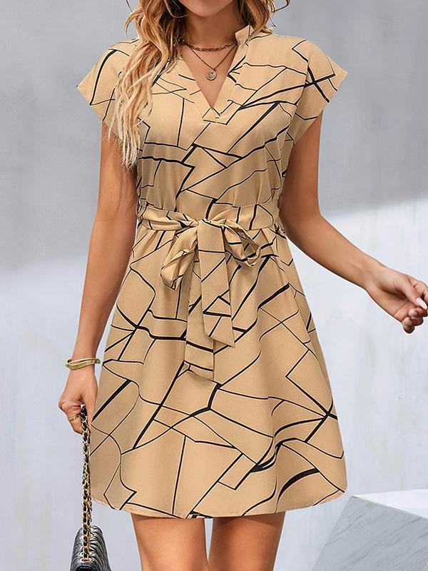 A-Line Loose Printed Tied Waist V-Neck Mini Dresses Product Image