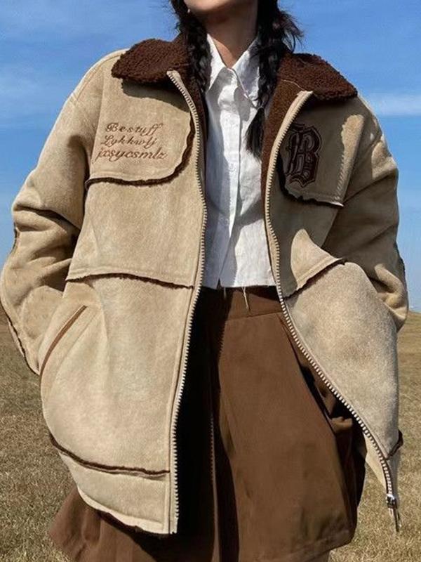 Lambswool Suede Splice Embroidered Zip Up Jacket Product Image