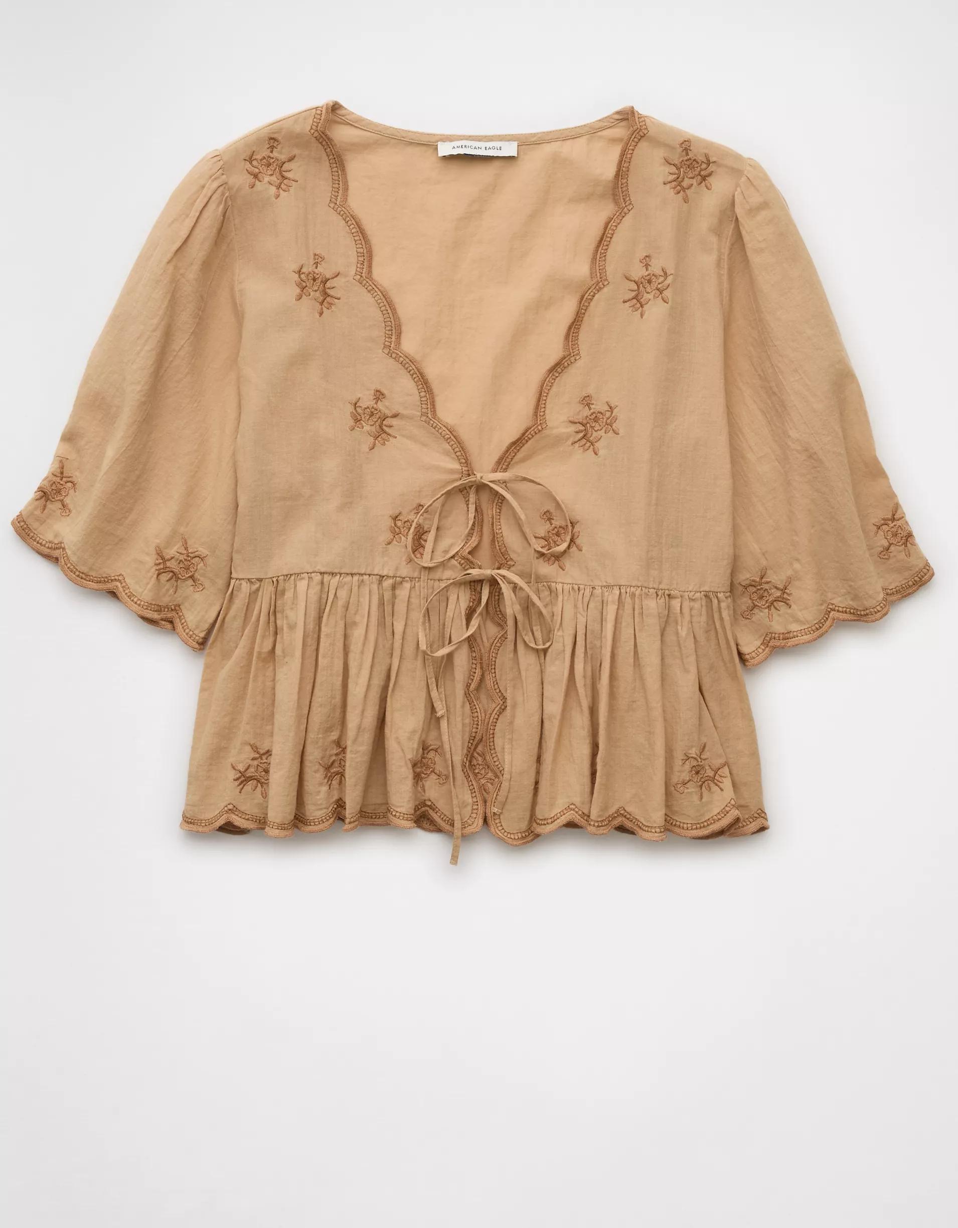 AE Embroidered Tie Front V-Neck Blouse Product Image