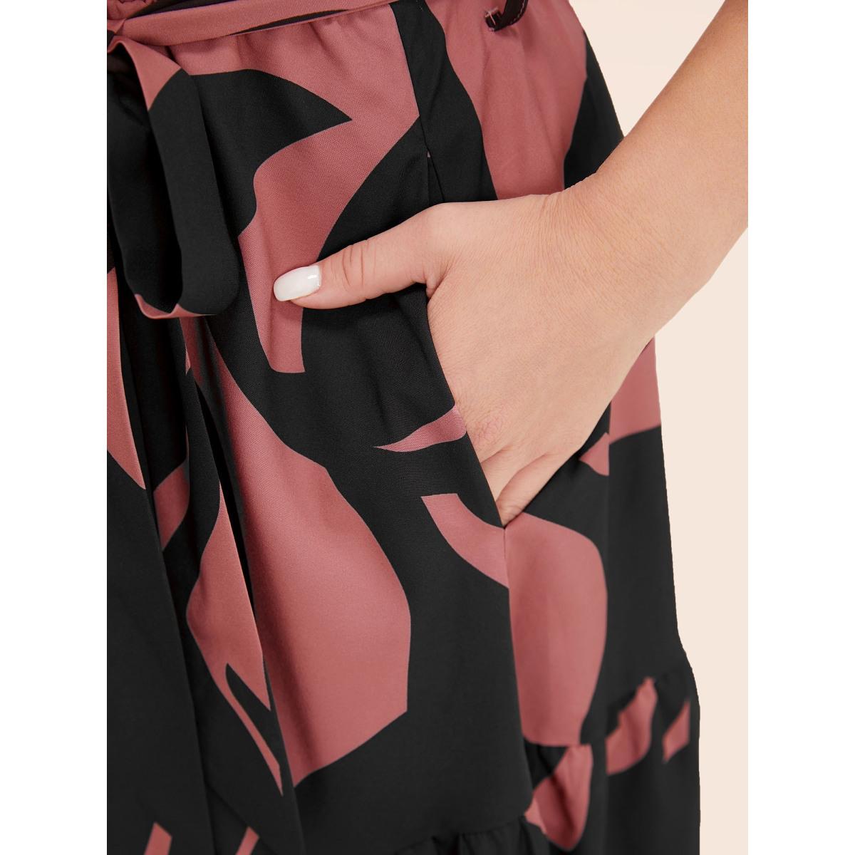 Plus Size Plant Pocket Puff Sleeve Belt Ruffle Hem Button Up Dress Multicolor Women Office Belted Shirt collar Short sleeve Curvy Knee Dress BloomChic 14-16/1X Product Image