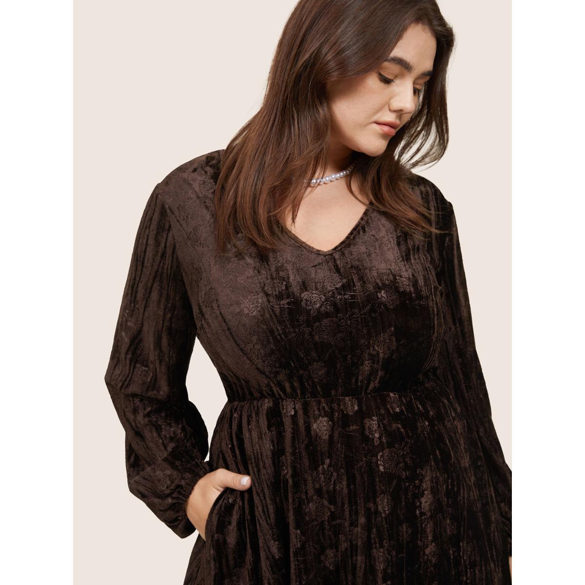 Plus Size Solid Texture Velvet V Neck Lantern Sleeve Dress DarkBrown Women Glamour Velvet V-neck Long Sleeve Curvy Midi Dress BloomChic 30/6X Product Image