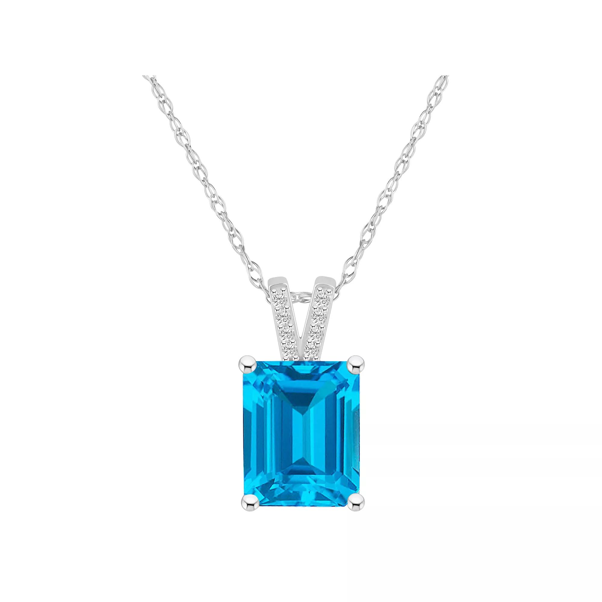 Alyson Layne 10k White Gold Emerald Cut Gemstone Diamond Accent Pendant Necklace, Women's, Size: 18", Blue Topaz Product Image