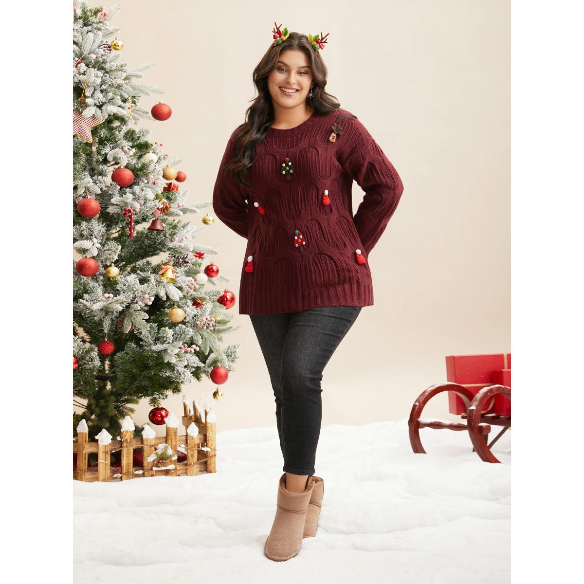 Plus Size Tis The Season Motifs Cable Knit Pullover Scarlet Women Casual Loose Long Sleeve Round Neck Everyday Pullovers BloomChic 18-20/2X Product Image