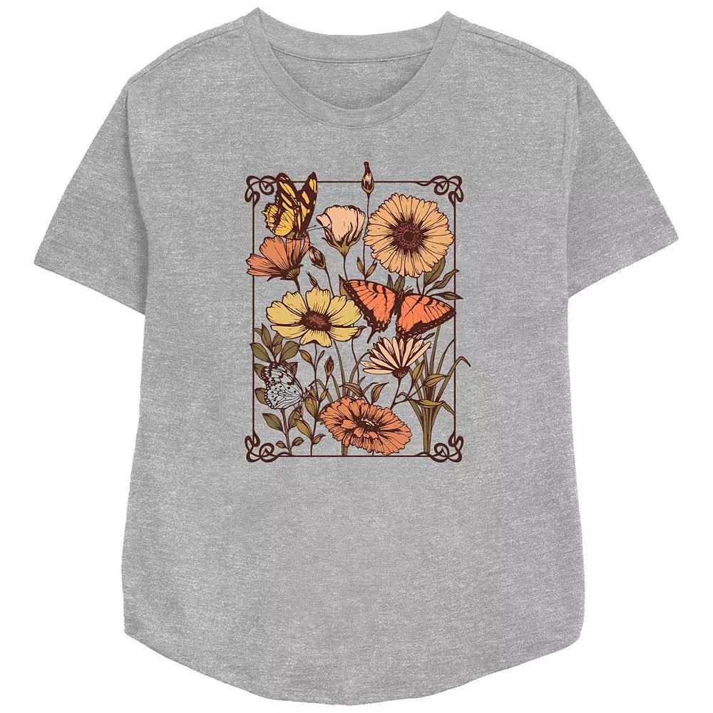 Women's Fall Flowers Butterfly Frame Relaxed Fit Graphic Tee, Girl's,  Product Image