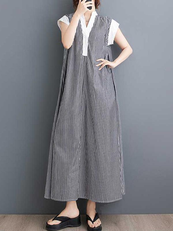 Cap Sleeve Loose Buttoned Striped Lapel Maxi Dresses Shirt Dress Product Image