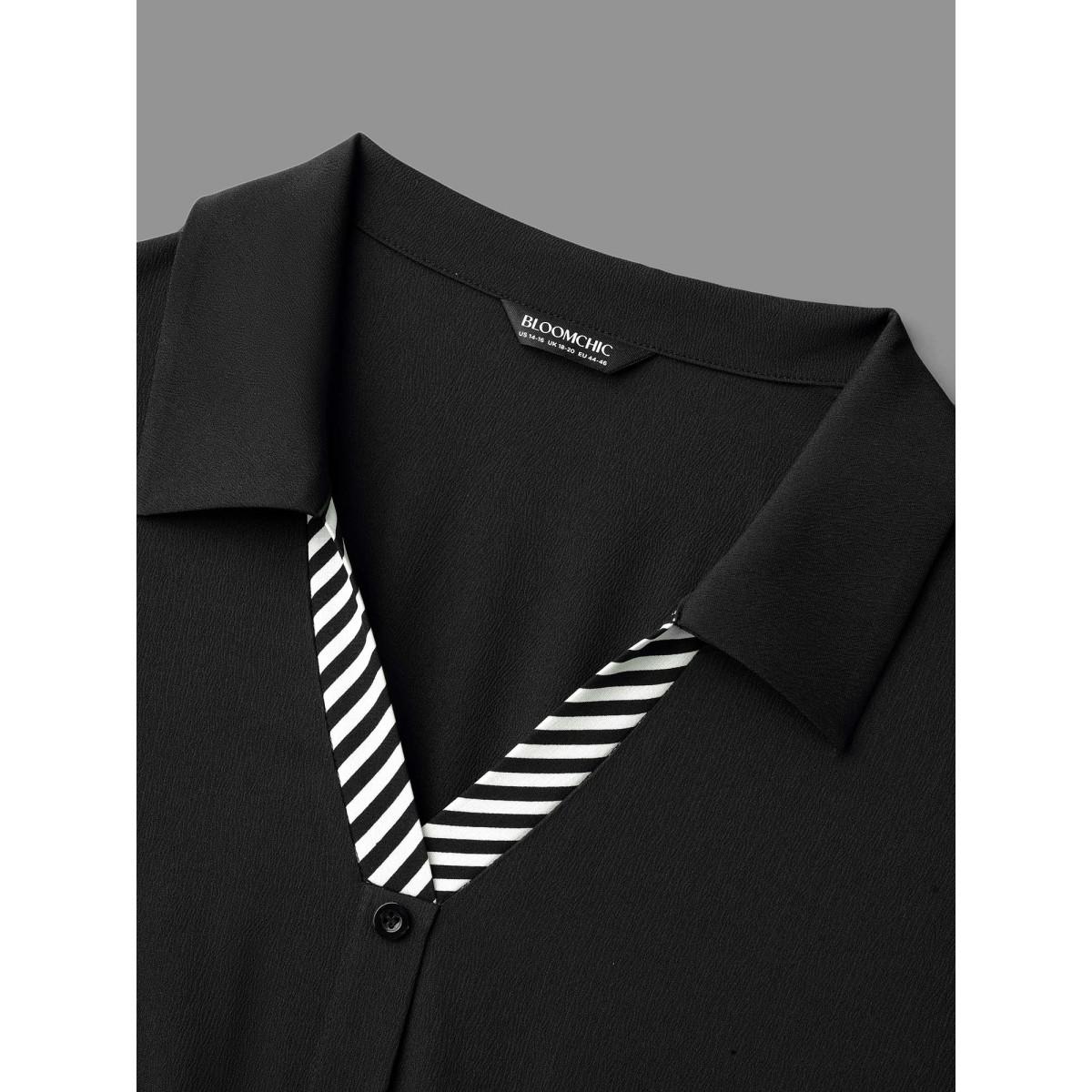 Plus Size Tab Sleeve Striped Belted Shirt Dress Black Women At the Office Belted Shirt collar Elbow-length sleeve Curvy BloomChic 12/L Product Image