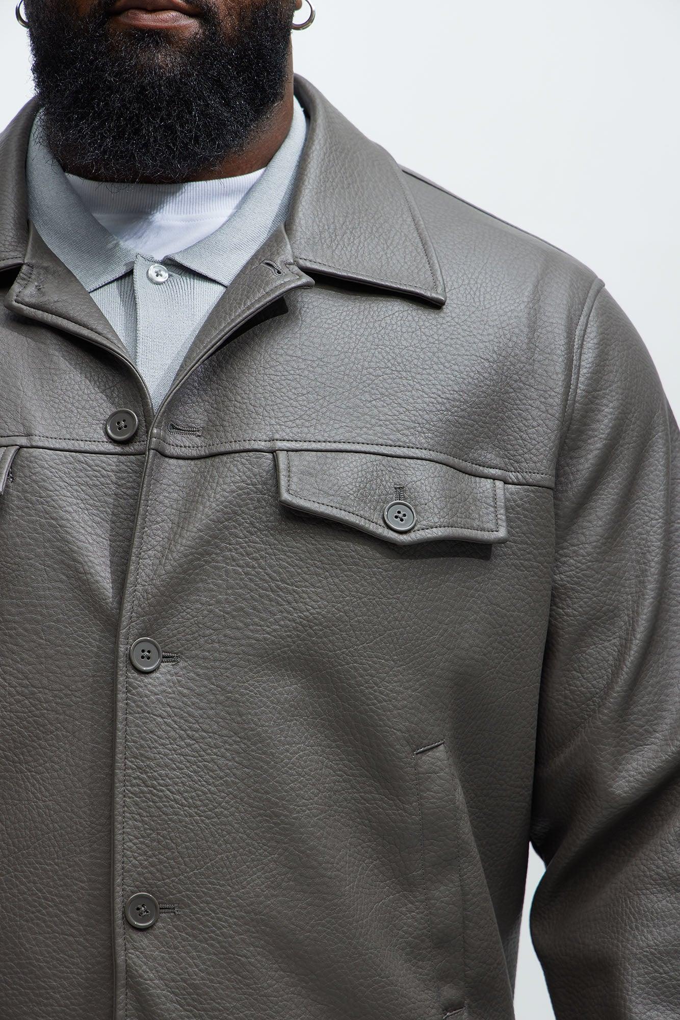 Carver Faux Leather Collar Bomber Jacket - Grey Product Image