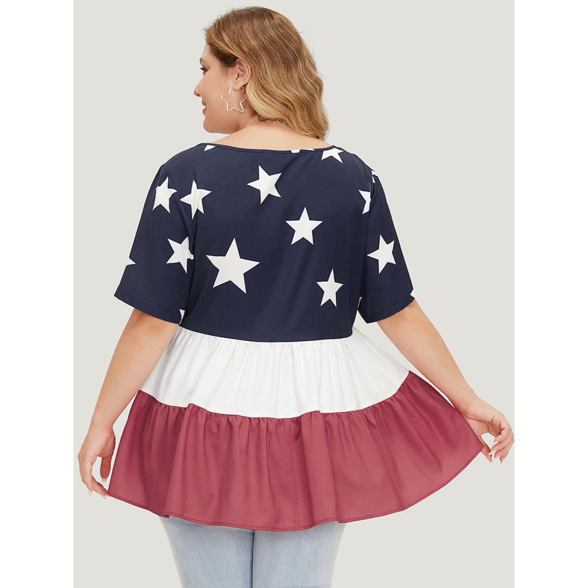 Plus Size Multicolor Star Patchwork Contrast Layered Hem Blouse Women Elegant Short sleeve Round Neck Everyday Blouses BloomChic 12/L Product Image
