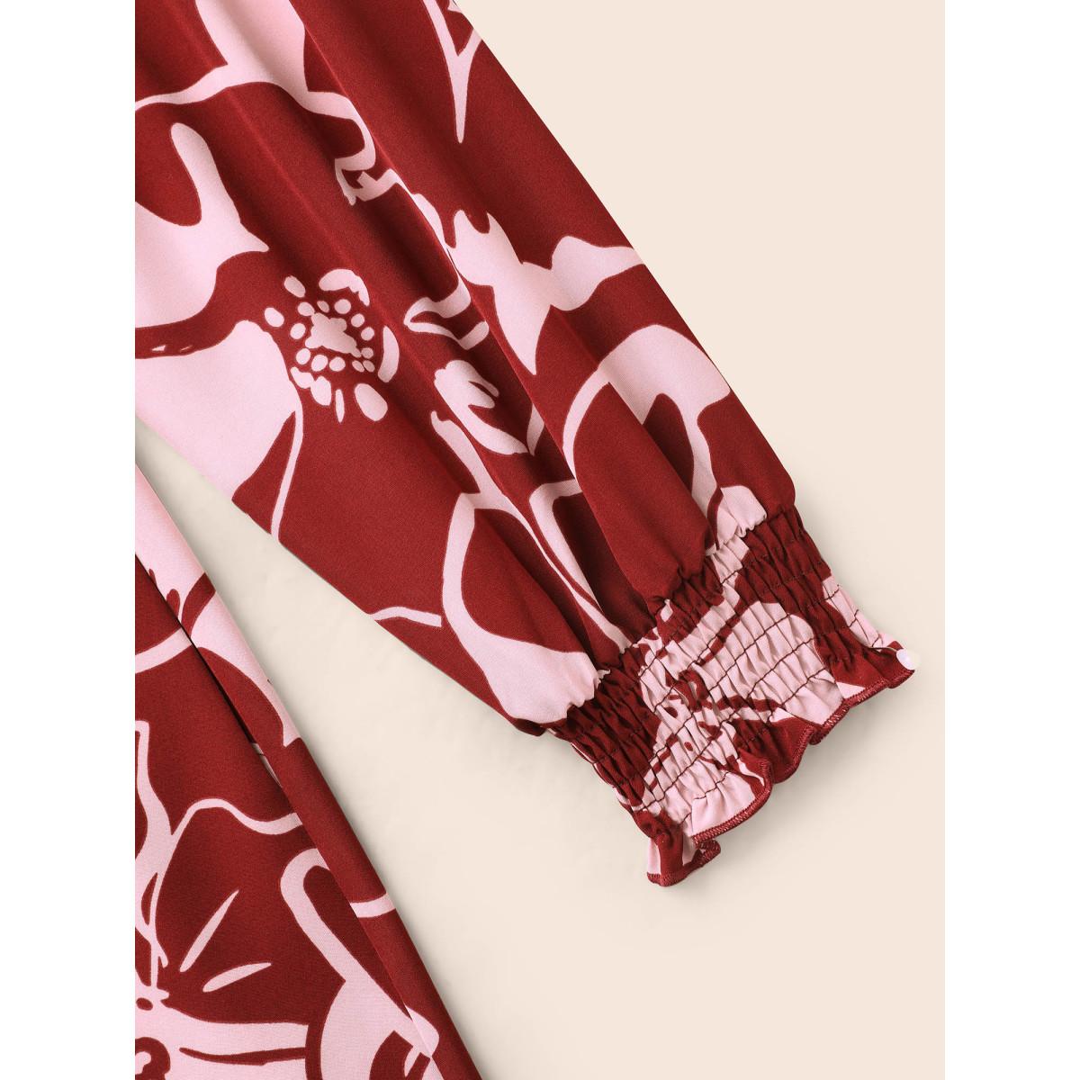 Plus Size Floral Button Up Belted Dress Burgundy Women Timeless Belted Round Neck Long Sleeve Curvy BloomChic 26/4X Product Image