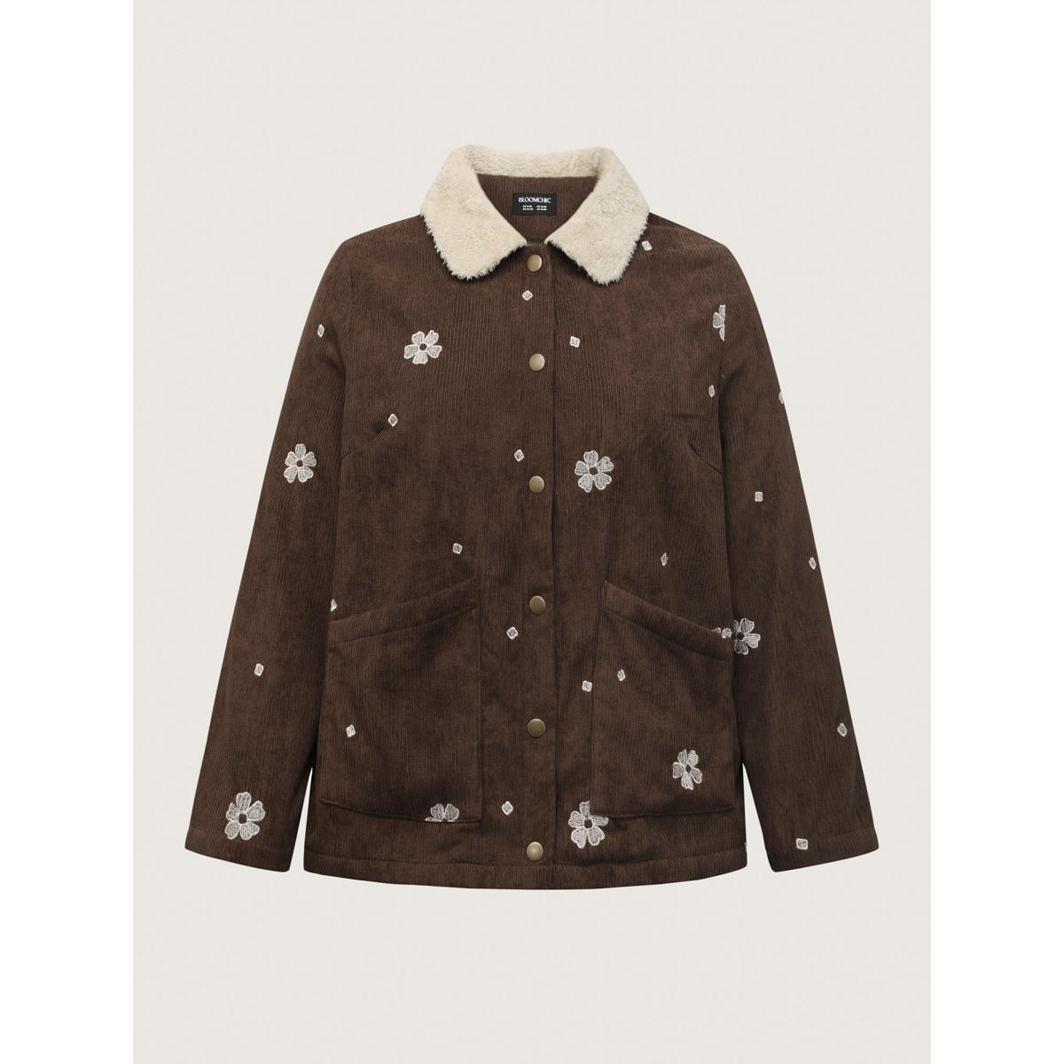 Plus Size Floral Emrboidered Textured Button Jacket Women DarkBrown Texture Patch pocket Casual Jackets BloomChic 26/4X Product Image