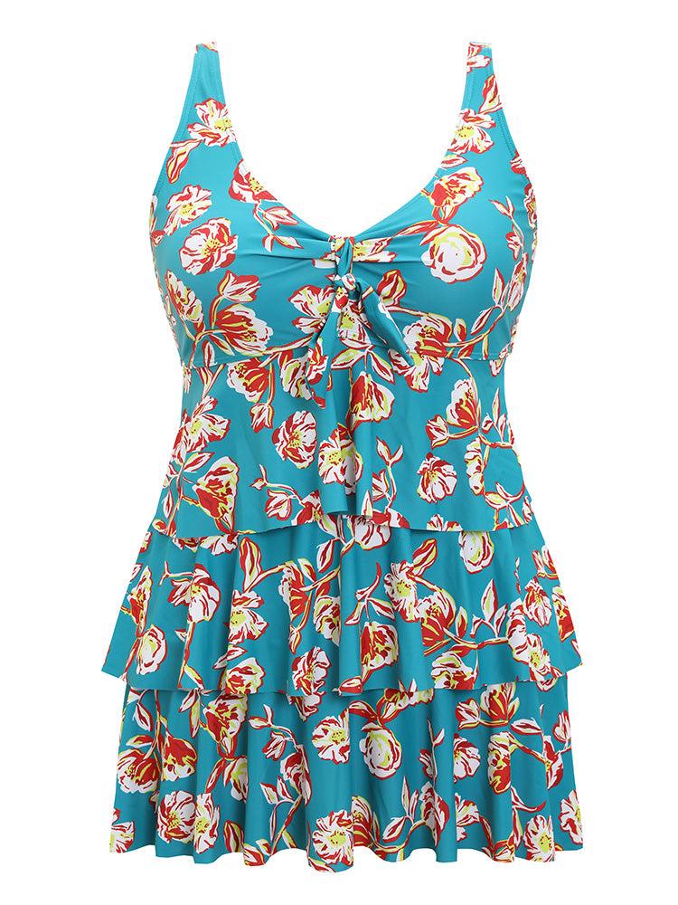 Floral Adjustable Straps Knotted Ruched Ruffle Tiered Swim Dress Female Product Image