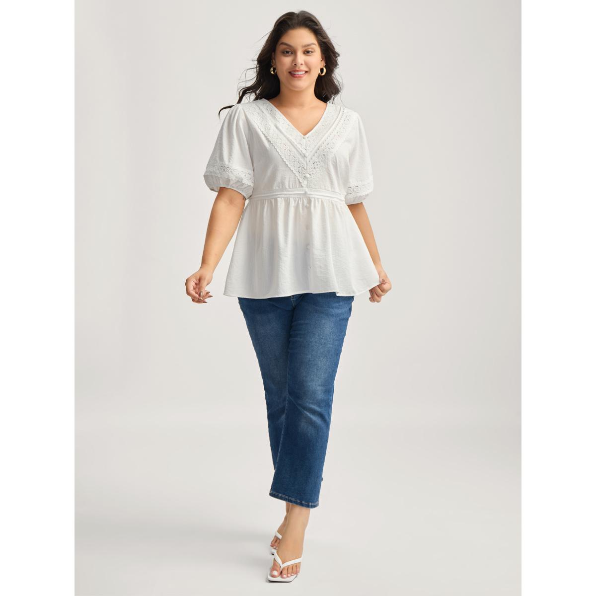 Plus Size Originalwhite Lace Trim V-Neck Puffy Sleeve Blouse Women Half Sleeve V-neck Everyday-Elegant Blouses BloomChic 12/L Product Image