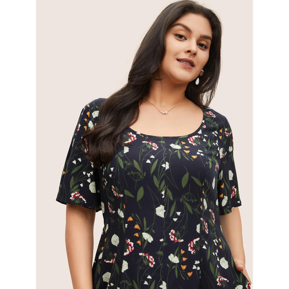 Plus Size Floral Print Patchwork Scoop Neck Dress Indigo Women Elegant Non Short sleeve Curvy Midi Dress BloomChic 26/4X Product Image