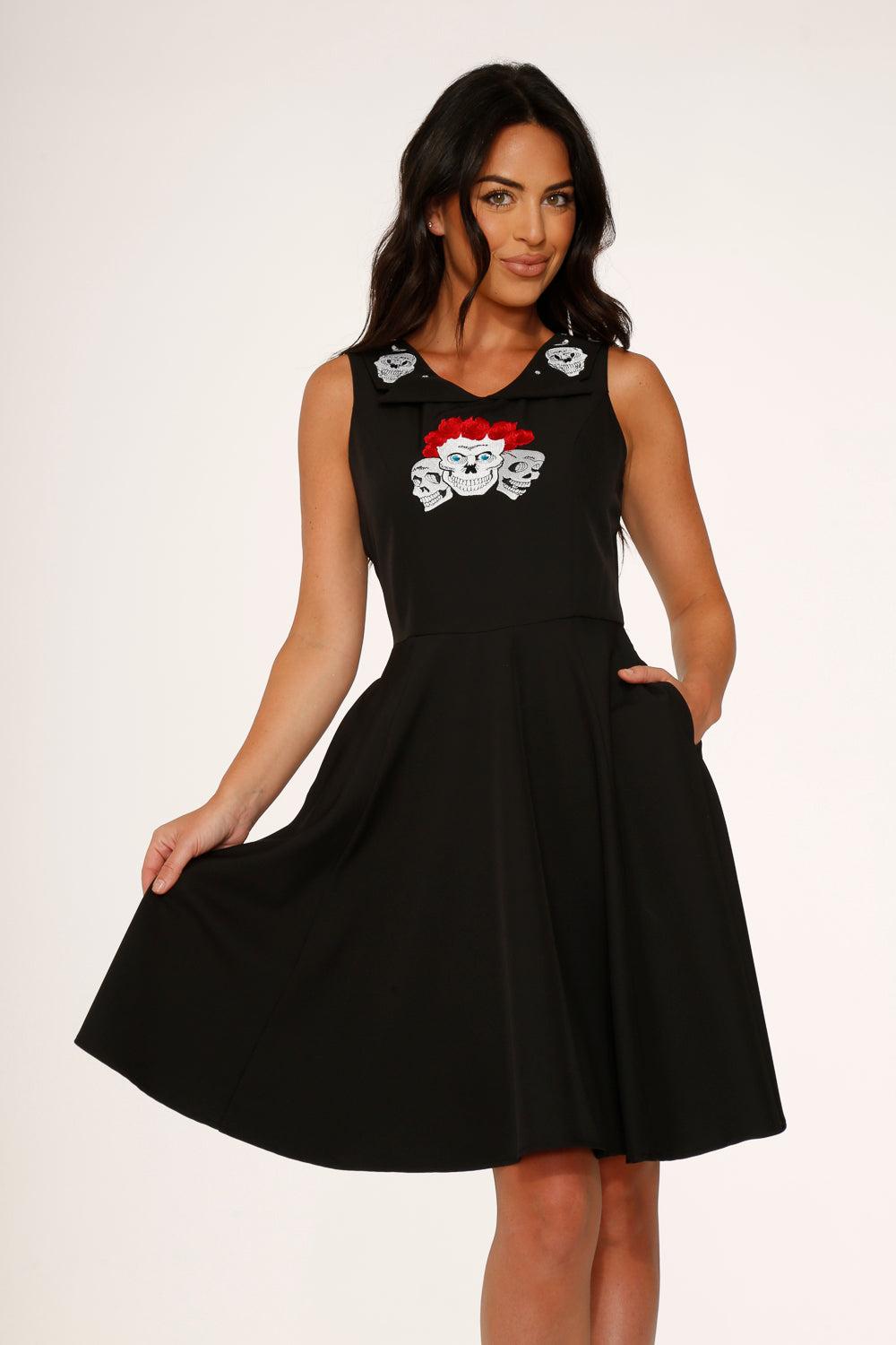 Rose Skulls Embroider Swing Dress Product Image