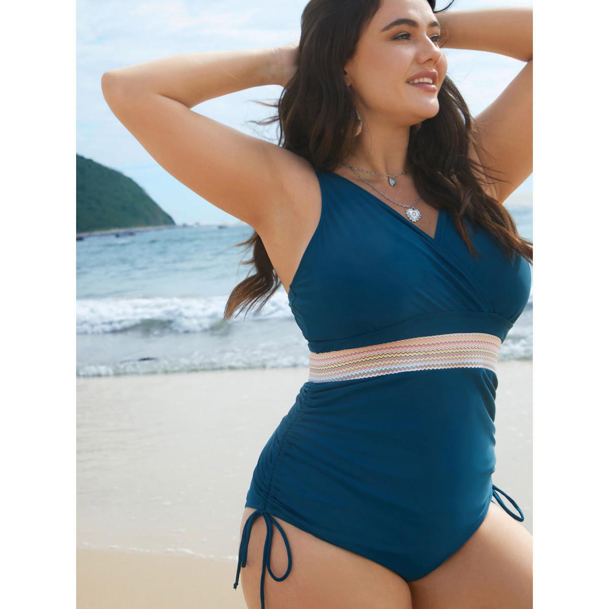 Plus Size Contrast Webbing Drawstring Gathered One-Piece Swimsuit Women's Swimwear Teal Beach Woven ribbon&lace trim Curve Bathing Suits High stretch One Pieces BloomChic 14-16/1X Product Image
