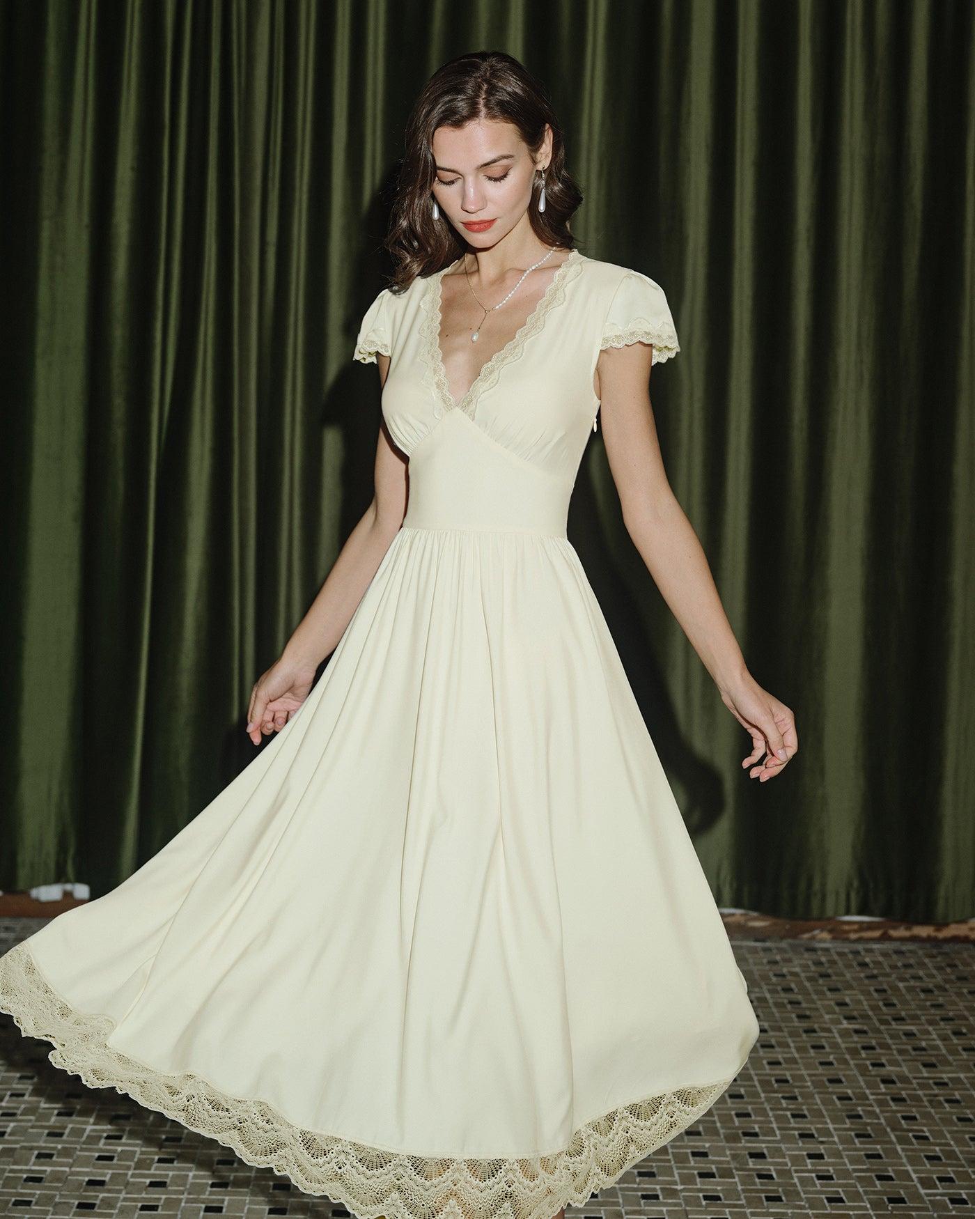 Apricot V Neck Lace Maxi Dress Product Image