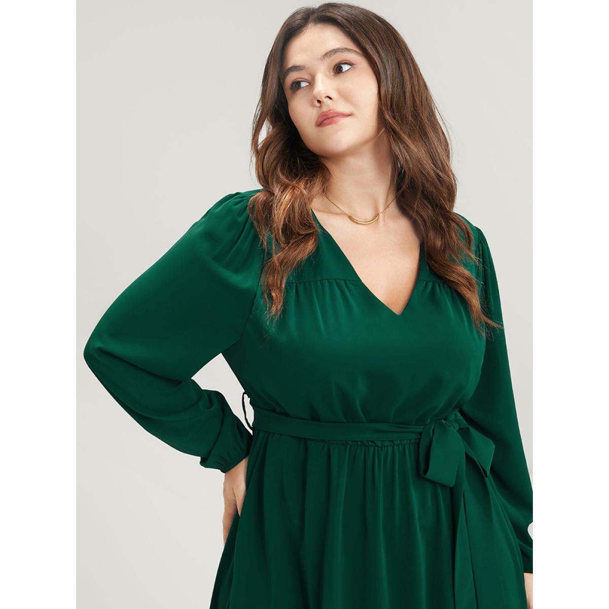 Plus Size Solid V Neck Pocket Belted Lantern Sleeve Midi Dress DarkGreen Women Elegant Belted V-neck Long Sleeve Curvy Midi Dress BloomChic 12/L Product Image
