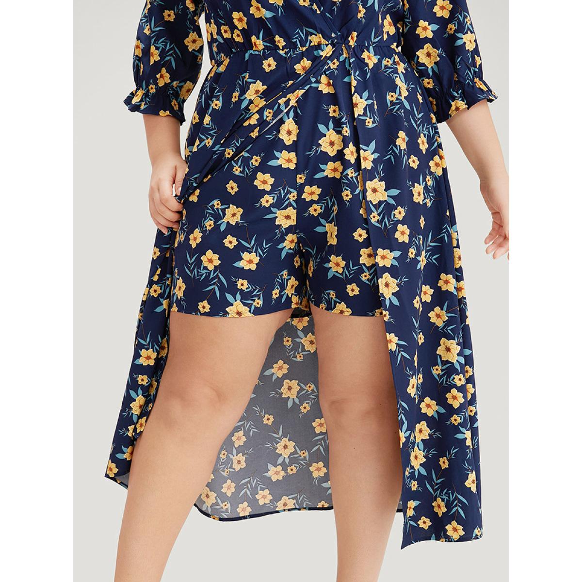 Plus Size Indigo Floral Print Pocket V Neck Wrap Split Hem Jumpsuit Women Elegant Half Sleeve V-neck Dailywear Loose Jumpsuits BloomChic 14-16/1X Product Image
