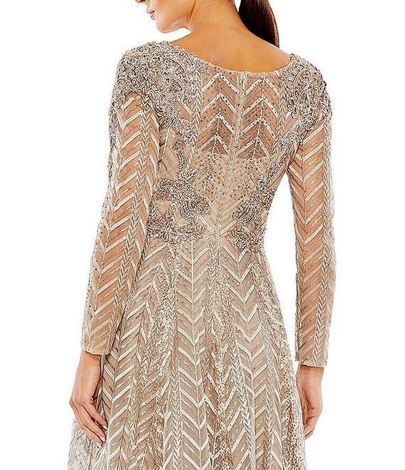 Mac Duggal Sequin Beaded Surplice V-Neck Long Sleeve A-Line Midi Dress Product Image