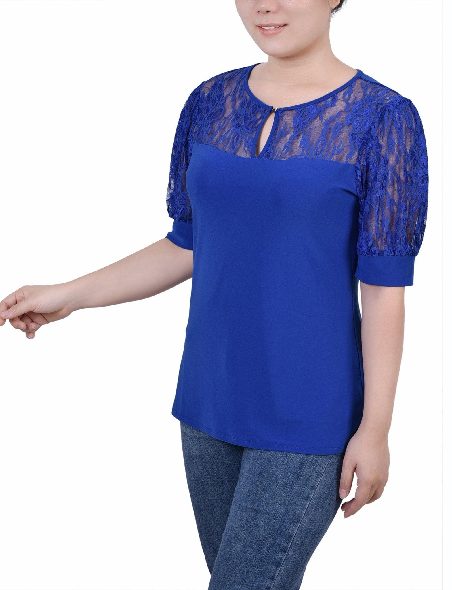 Surf The Web Short Puff Sleeve Top With Lace Sleeves And Yoke Product Image