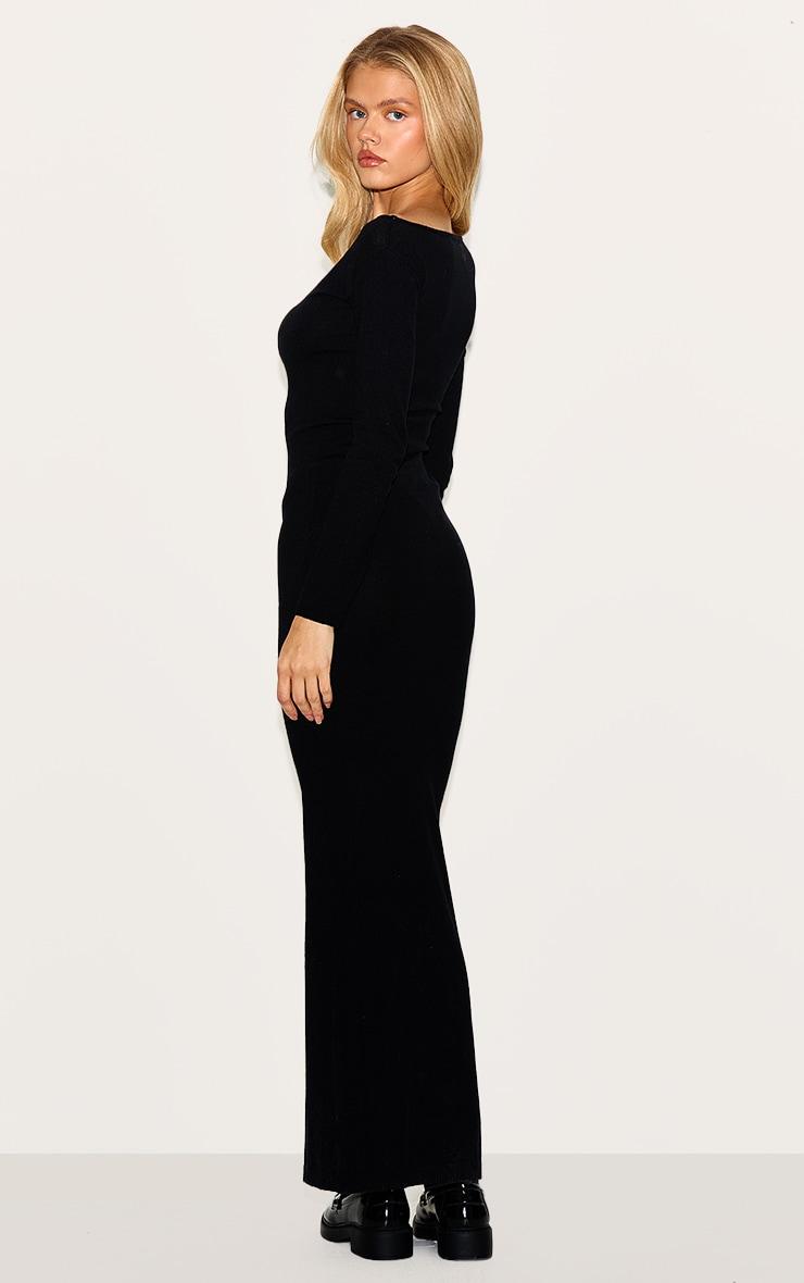 Black Basic Knit Asymmetric Neckline Long Sleeve Maxi Dress Product Image