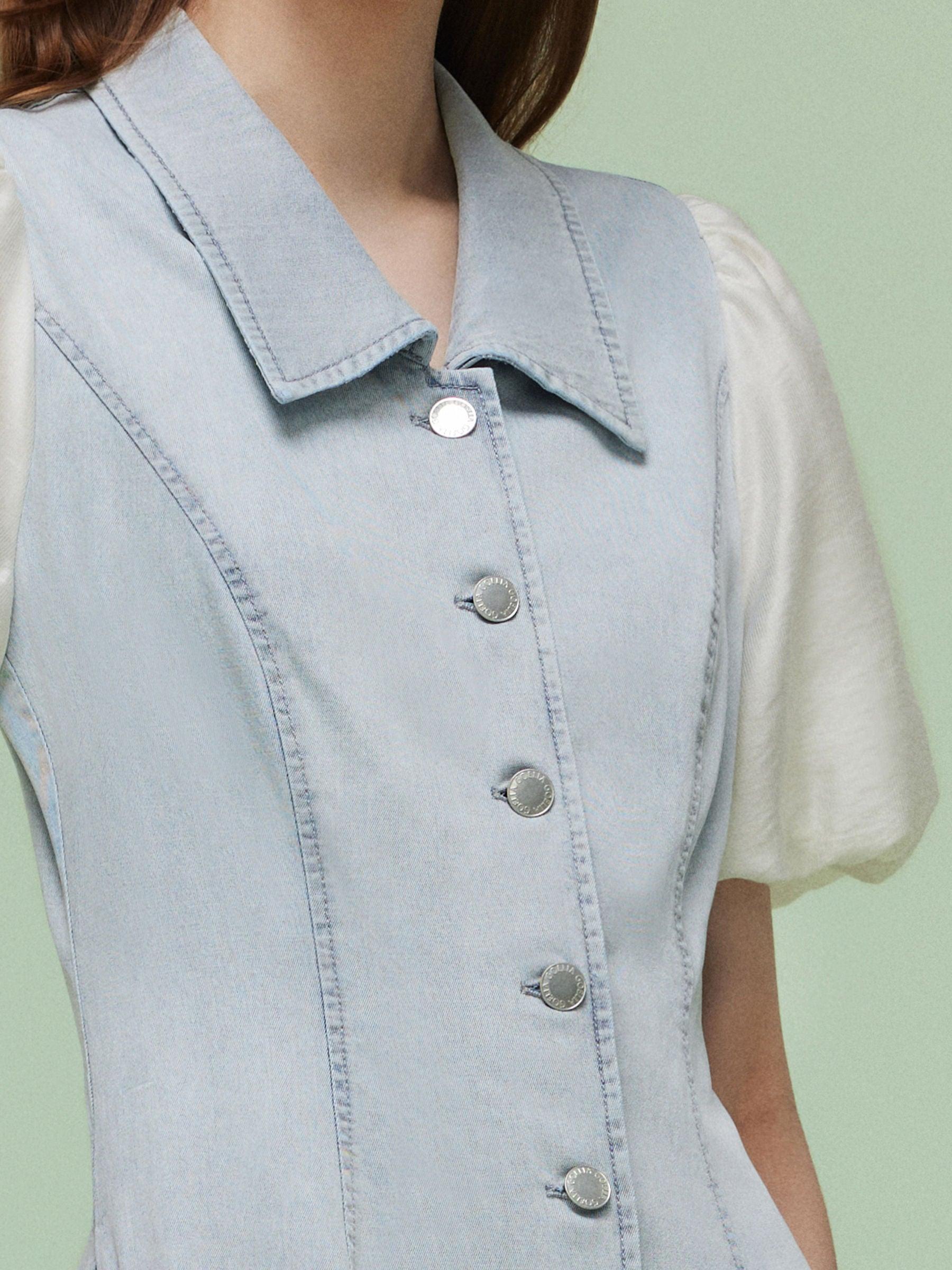 Denim Patchwork Women Puff-sleeved Midi Dress Product Image