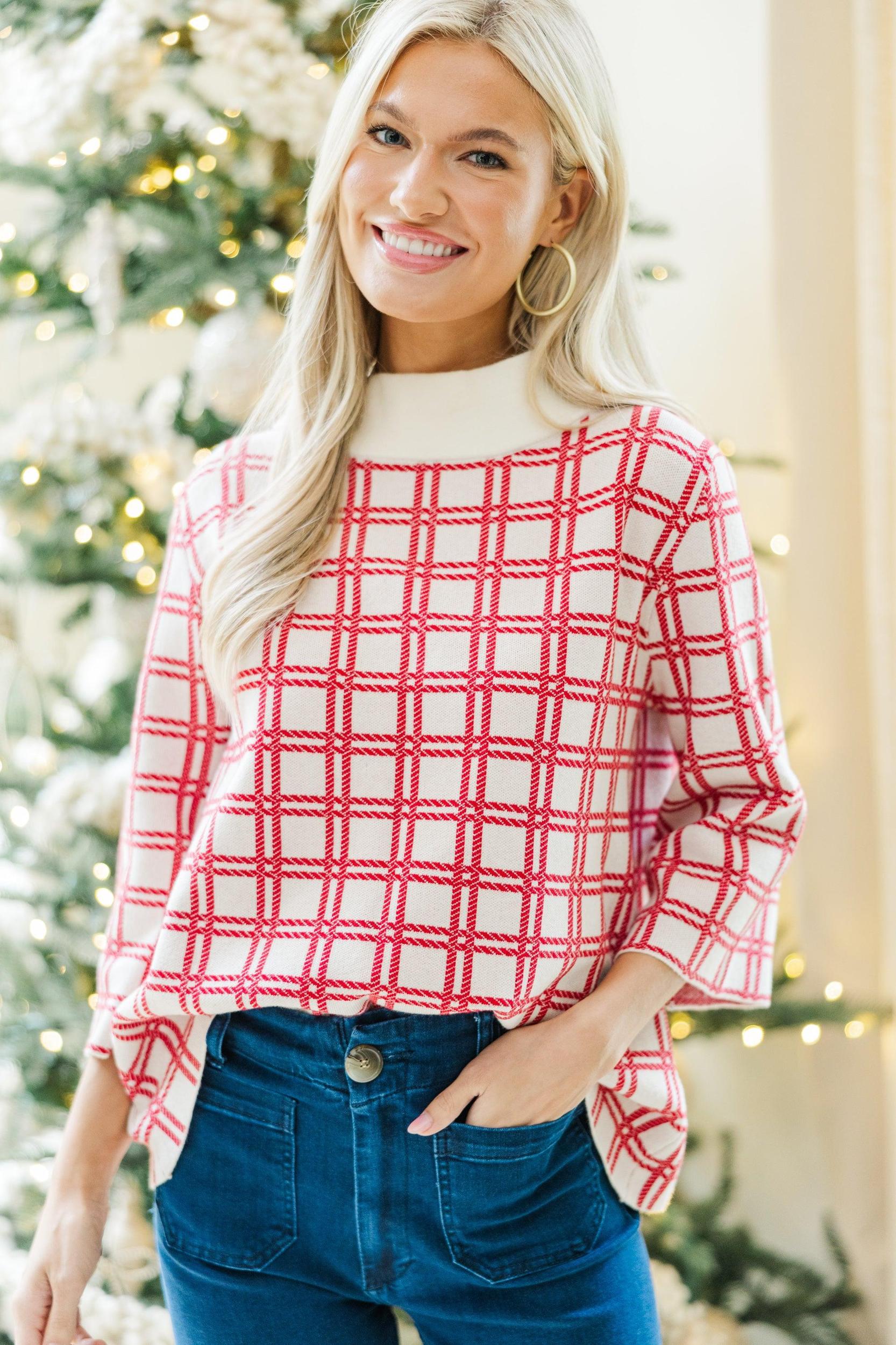 Just A Feeling Red Plaid Mock Neck Sweater Female Product Image