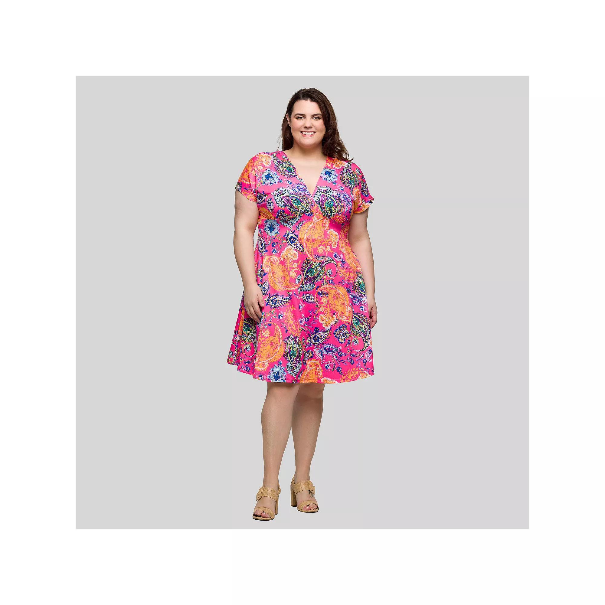 Plus Size 24Seven Comfort Apparel V-Neck Empire Waist Knee-Length Dress, Women's, Size: 1XL, Pink Team Product Image
